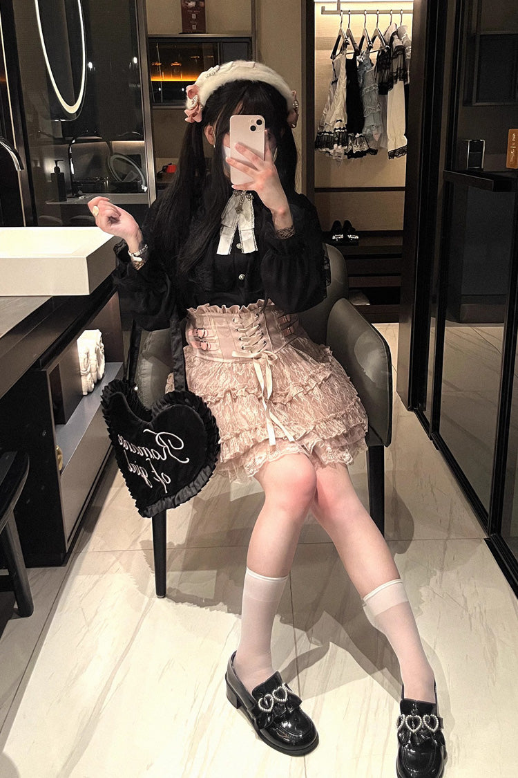 Jirai Kei Blouse with Hollow Lace and Long Sleeves - Mist Veil, 3 Tones