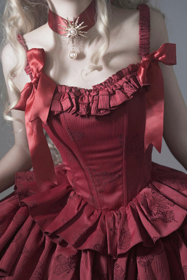 Wine Red Sleeveless Multi-Layer Ruffle Bowknot Fish Bone Gothic Lolita Jsk Dress