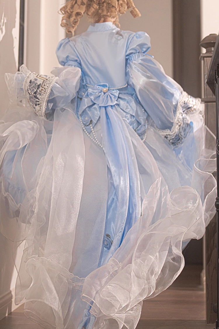 Cerulean and Ivory Porcelain Printed Ruffled Bow Lace High-Low Sweet Plus Size Lolita JSK Long Version