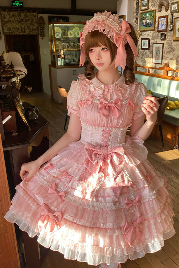 Pink Multi-Layered Ruffled Bow Lace Sweet Gorgeous JSK - Little Lovetine