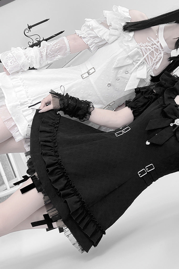 Black/White Halterneck Short Sleeve Ruffle Bowknot Lace Jirai Kei Japanese Gown 2 Colors