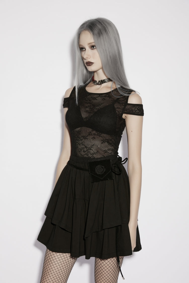 Black Off-Shoulder Multi-Layer Cut-Out Spliced Mesh Eyelet Gothic Dress