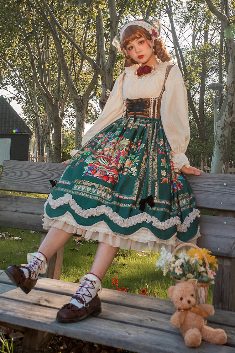 Green Velvet Classic Lolita JSK Dress with Berries and Birds Print Ruffle Bowknot