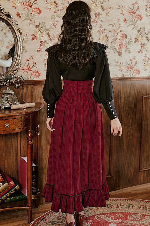 Wine Vintage Palace Ruffled Stripe High-Waisted Classic Dress Skirt