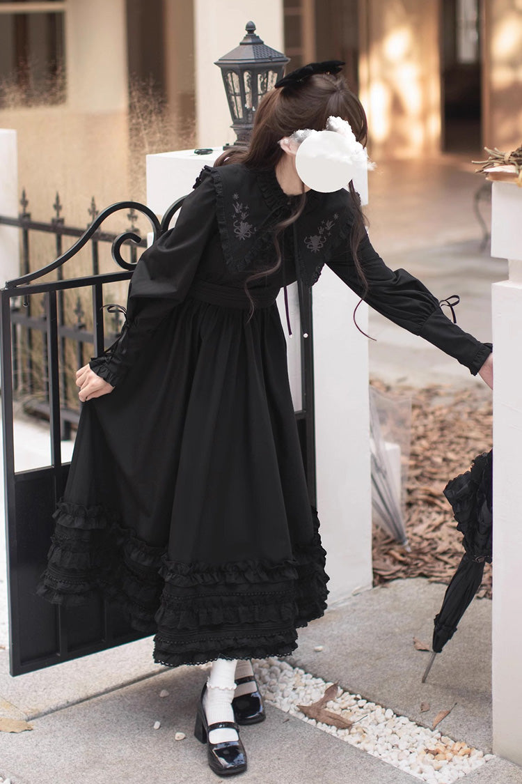 Black Long Sleeve Embroidered Bow Gothic Vintage Dress - Wind Kissed Tulips