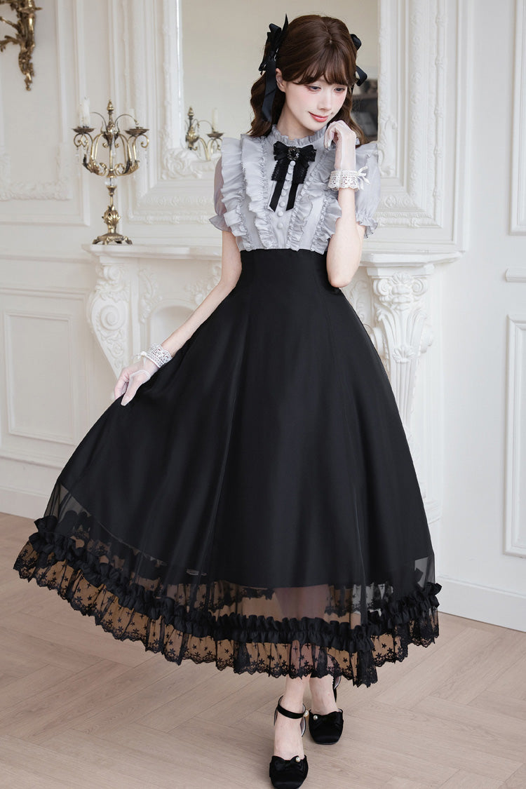 Miss Lola Snow Kiss Stand Collar Short Puff Sleeves Ruffled Color-Blocked Faux Two-Piece Sweet Lolita Long Dress 3 Colors - Black