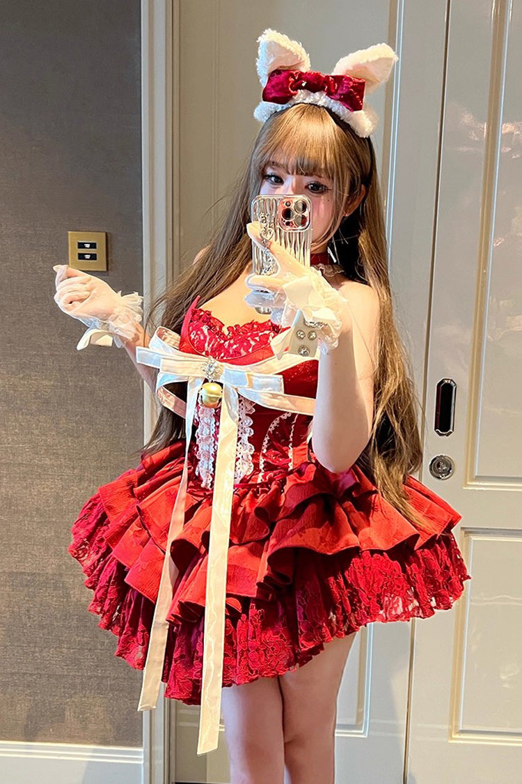 Red Sleeveless Triple-Layered Ruffle Hollow Bow Lace-Up Ballet Dress
