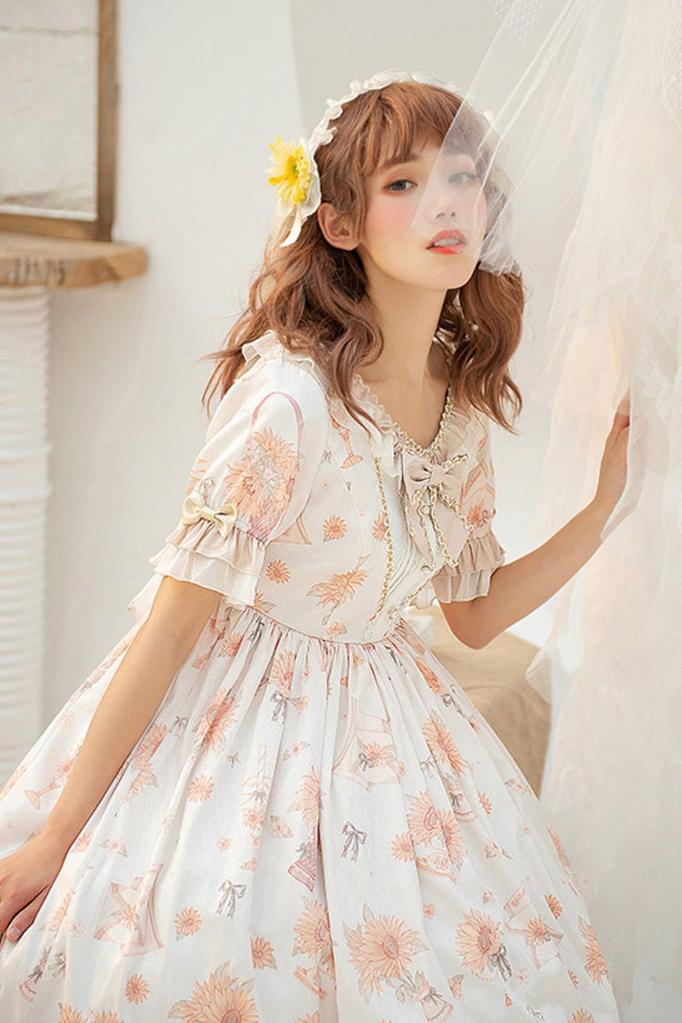 Cream Miss Sunflower Short Sleeve Printed Bow Frilled Sweet Lolita Dress