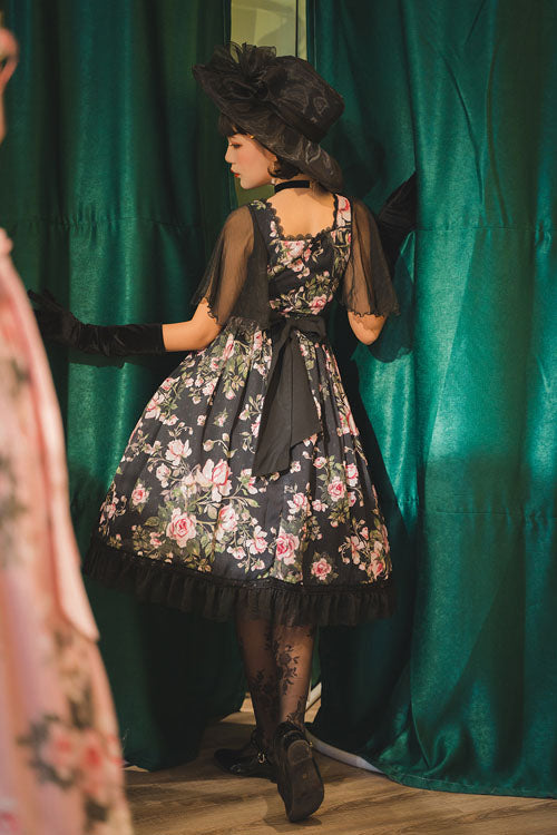 Classic Lolita OP Dress with French Rose Print & Ruffled Square Collar
