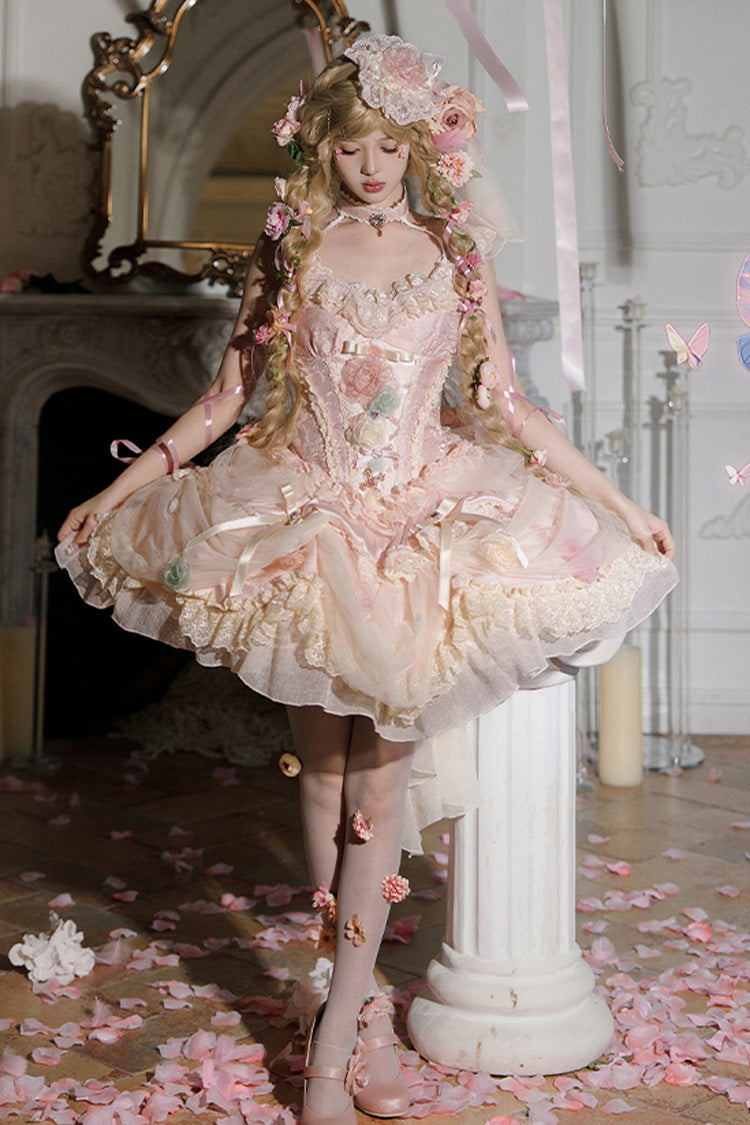 Dream Garden Ruffle Hanayome Embroidery Bow Lace Fishbone Princess Gorgeous JSK Dress in Pink