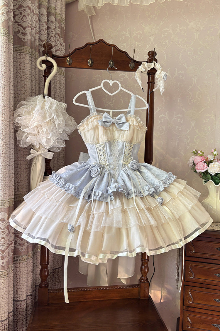 Triple-Layered Ballet Bow Lace-Up Sweet JSK Dress in Blue Ivory