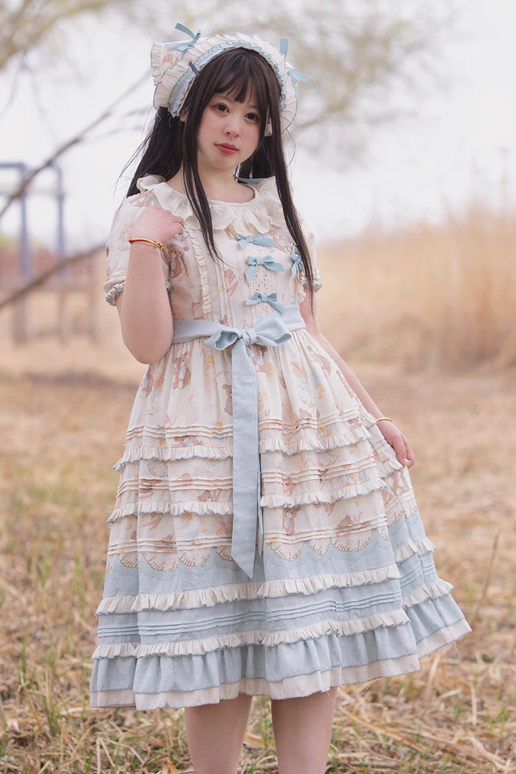 Harvest Bear Print Multi-Layered Ruffle Bowknot Sweet Plus Size Blue Apricot Dress - Harvest Bear
