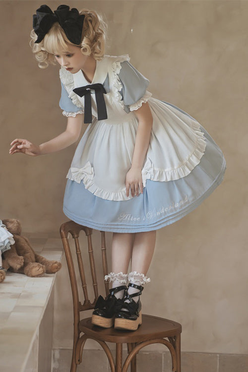 Sweet Lolita Dress with Apron - Lace Puff Sleeve