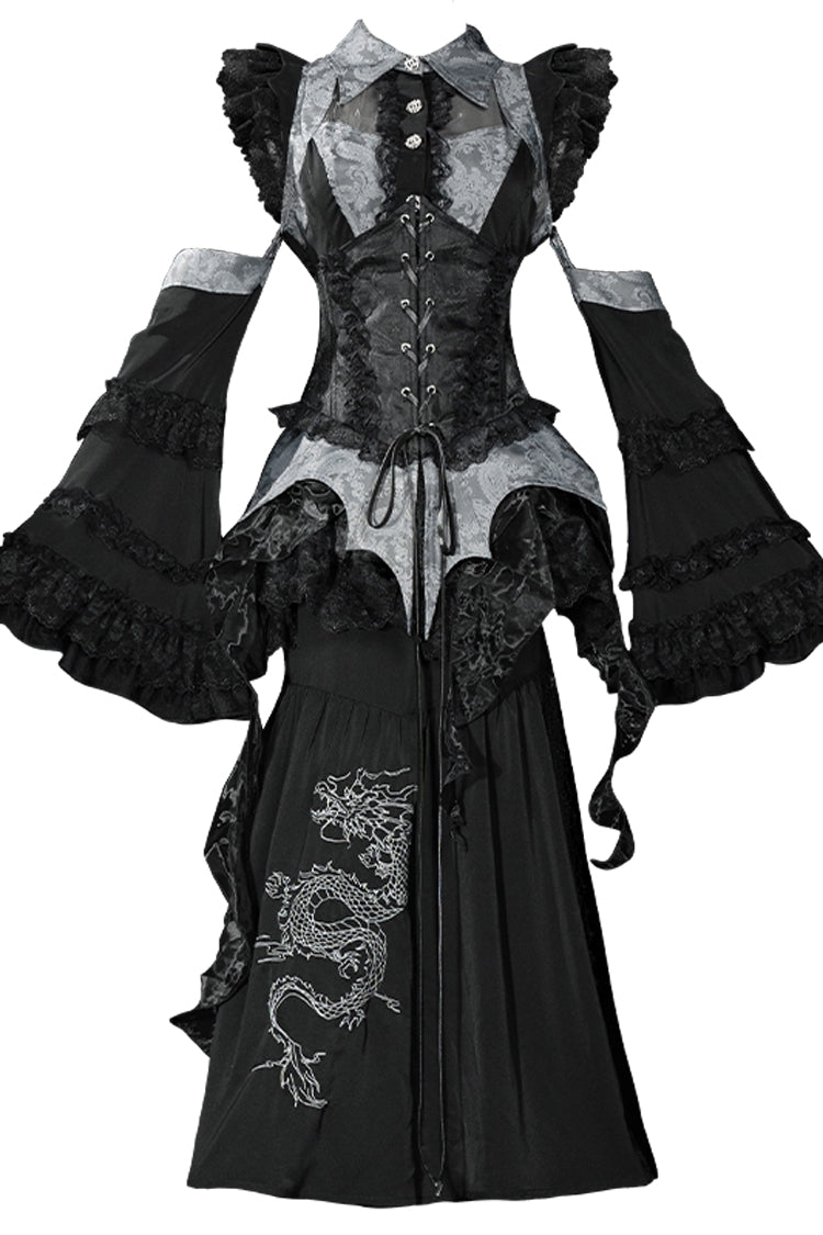 Sky Dragon Chinese Gothic Lolita Embroidered Skirt Set with Print