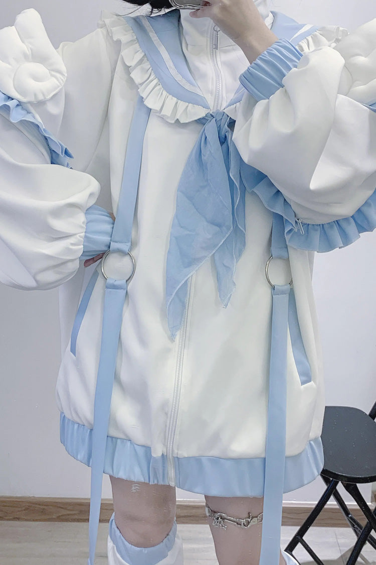 Angelic Letter Print Long Sleeve Coat in White/Blue