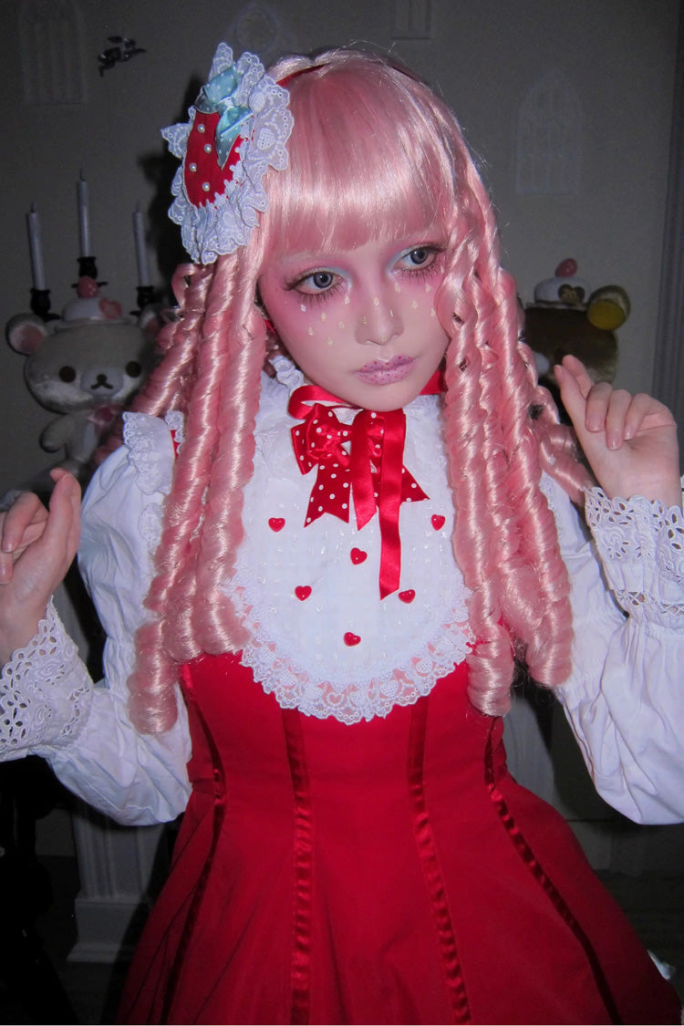 Sweet Lolita Dress with Stand Collar and Bow - Miss Peculiar Strawberry, 2 Shades