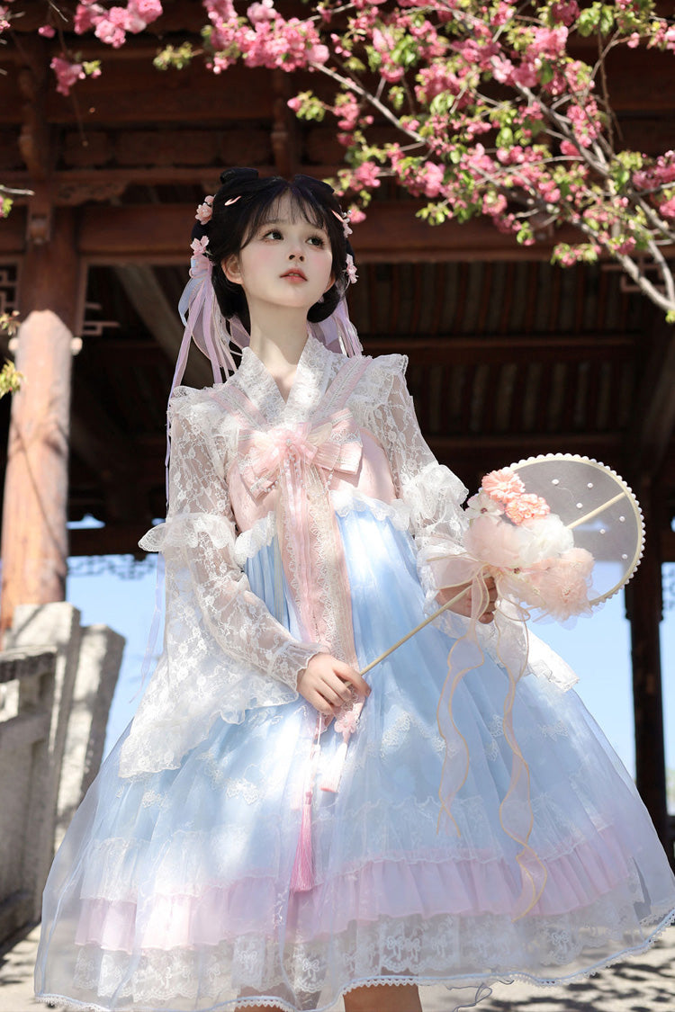 Peach Blossoms in Spring Fields Sweet Chinese Lolita JSK with Ruffles