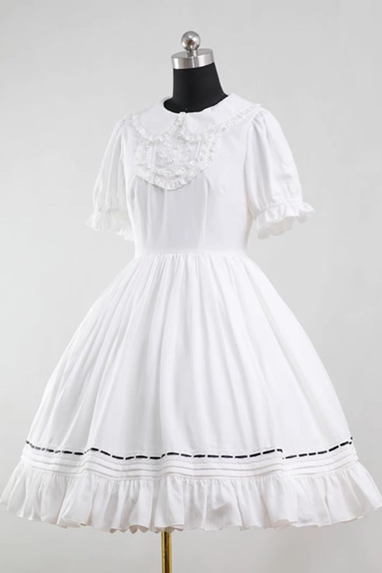 White Lapel Collar Short Sleeves Ruffle Bowknot Gothic Lolita Maid Dress