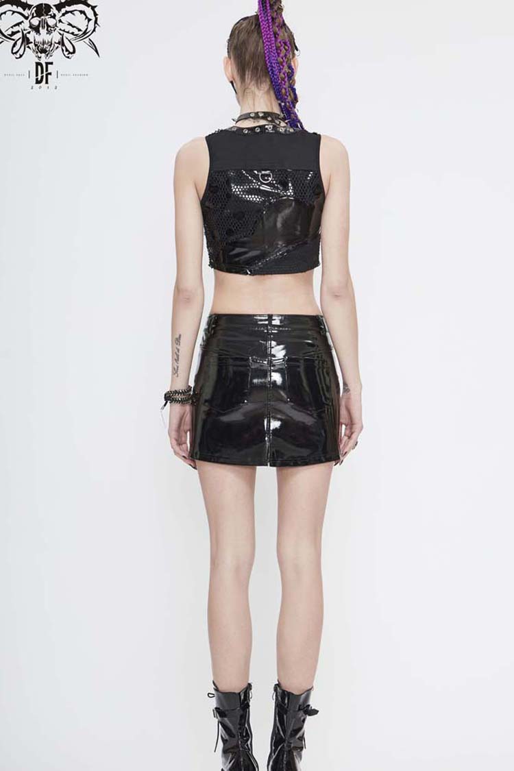 Punk Waistcoat with Leather and Mesh Asymmetrical Design