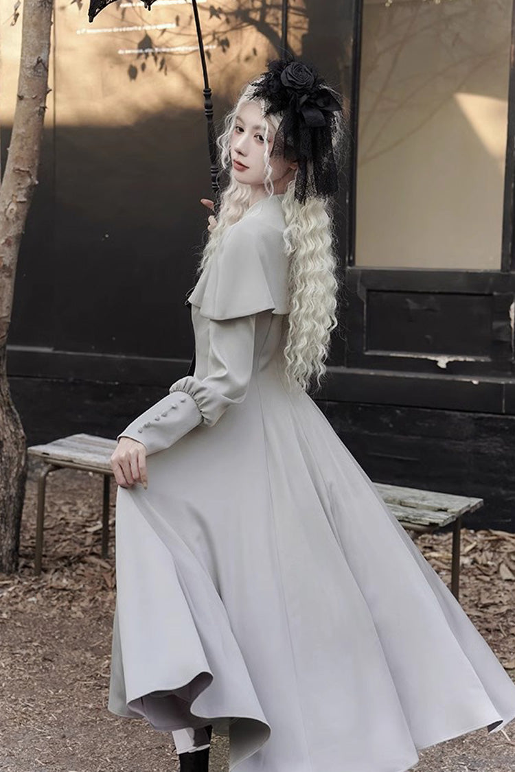 Grey Thirteenth Evening Long Sleeved Slim Gothic Elegant Lolita Dress