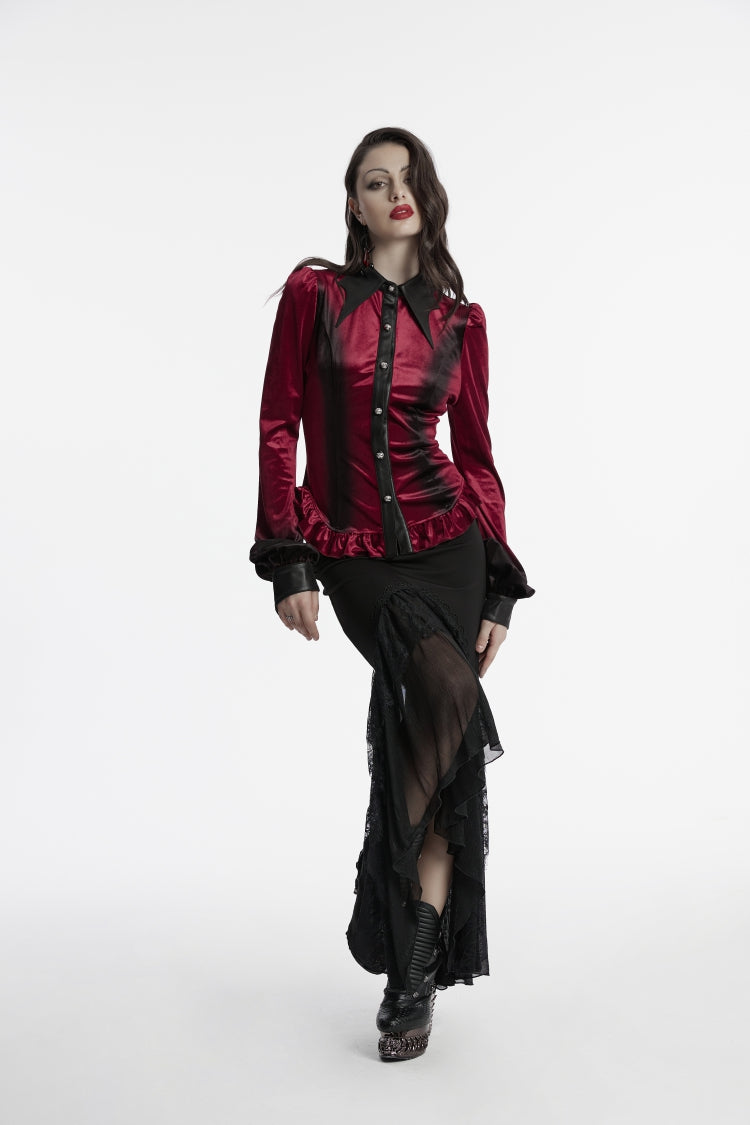 Crimson Lapel Lace-Up Slim Gothic Gradient Velvet Blouse