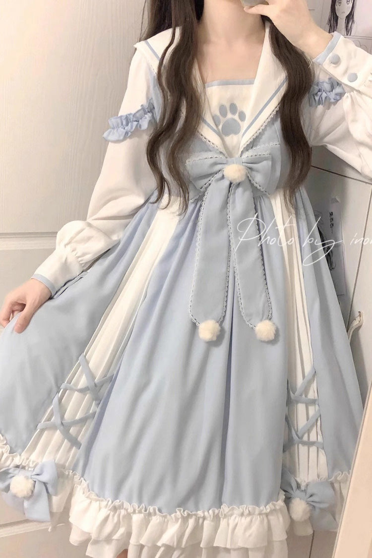 White and Blue Sailor Collar Ruffle Bow Sweet Lolita Dress