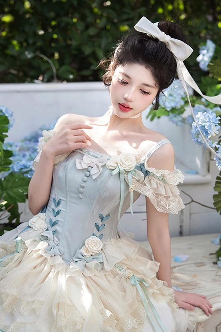 Green Off-Shoulder Bow Lace Ballet Tiered Dress