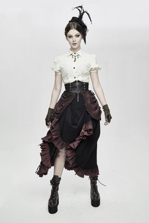 Printed Drawstring Burgundy Steampunk Half Skirt