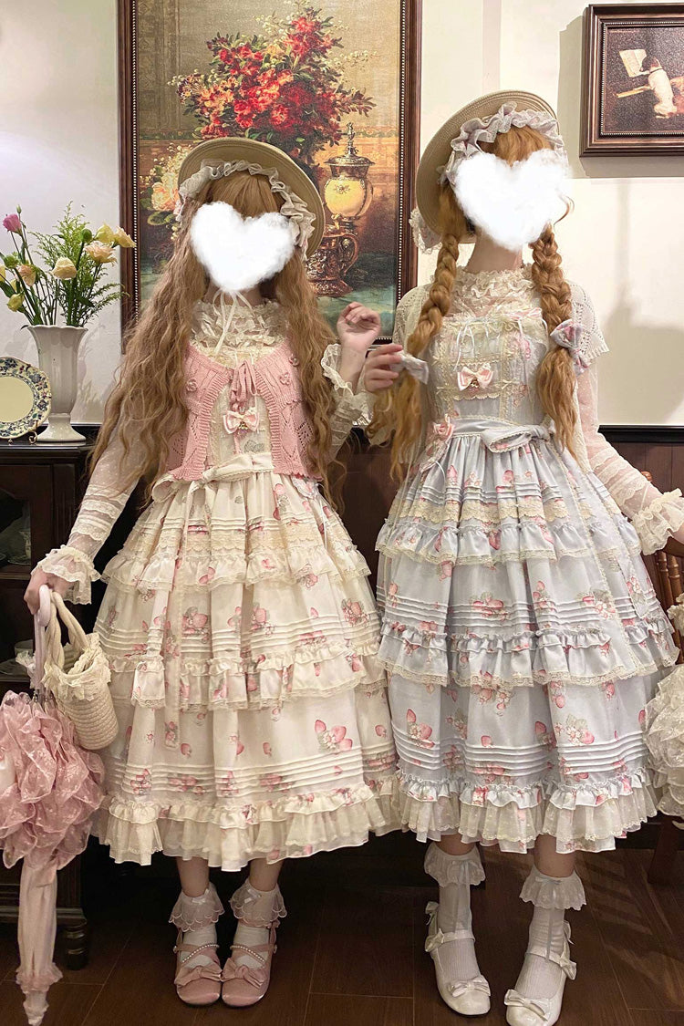 Multi-Layered Ruffled Bow Sweet JSK with Print - Strawberry Garden