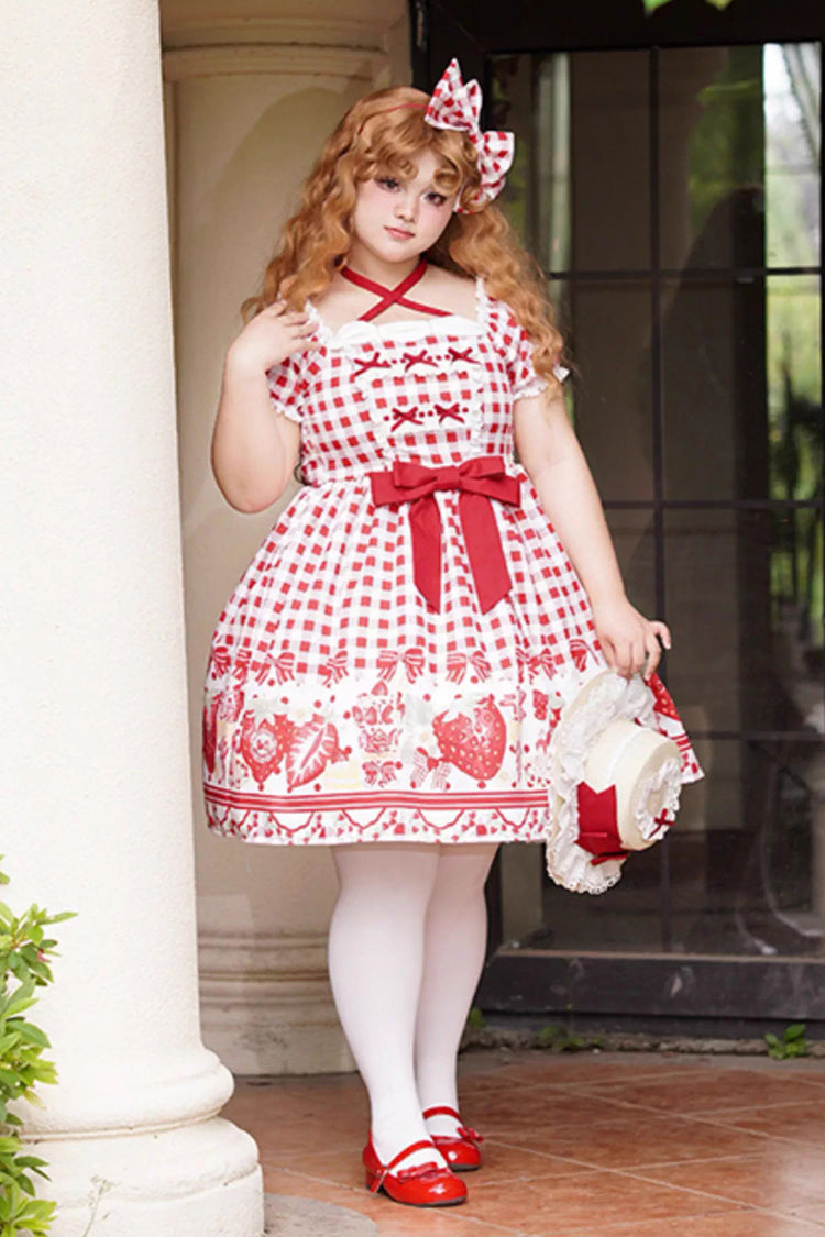 Strawberry Plaid Print Bowknot Sweet Plus Size Princess Red Short Sleeves Dress