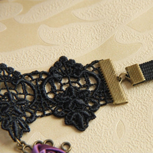 Gothic Lolita Retro Wedding Purple Rose Cross Black Lace Armband Bracelet