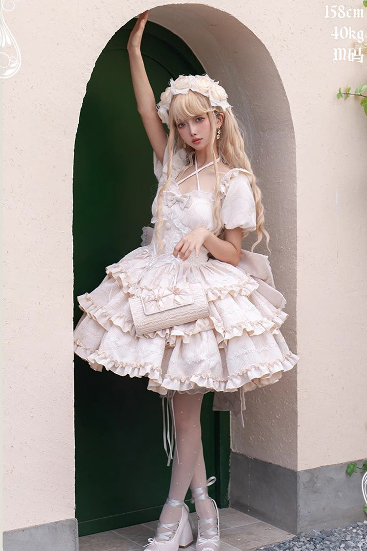 Champagne Square Collar Short Sleeve Triple Ruffle Bow Sweet Lolita Dress