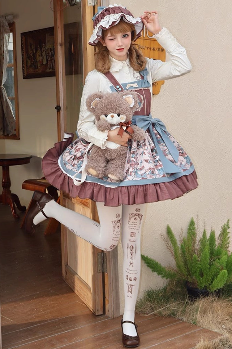 Brown Doll Print Bow Sweet Strap Dress