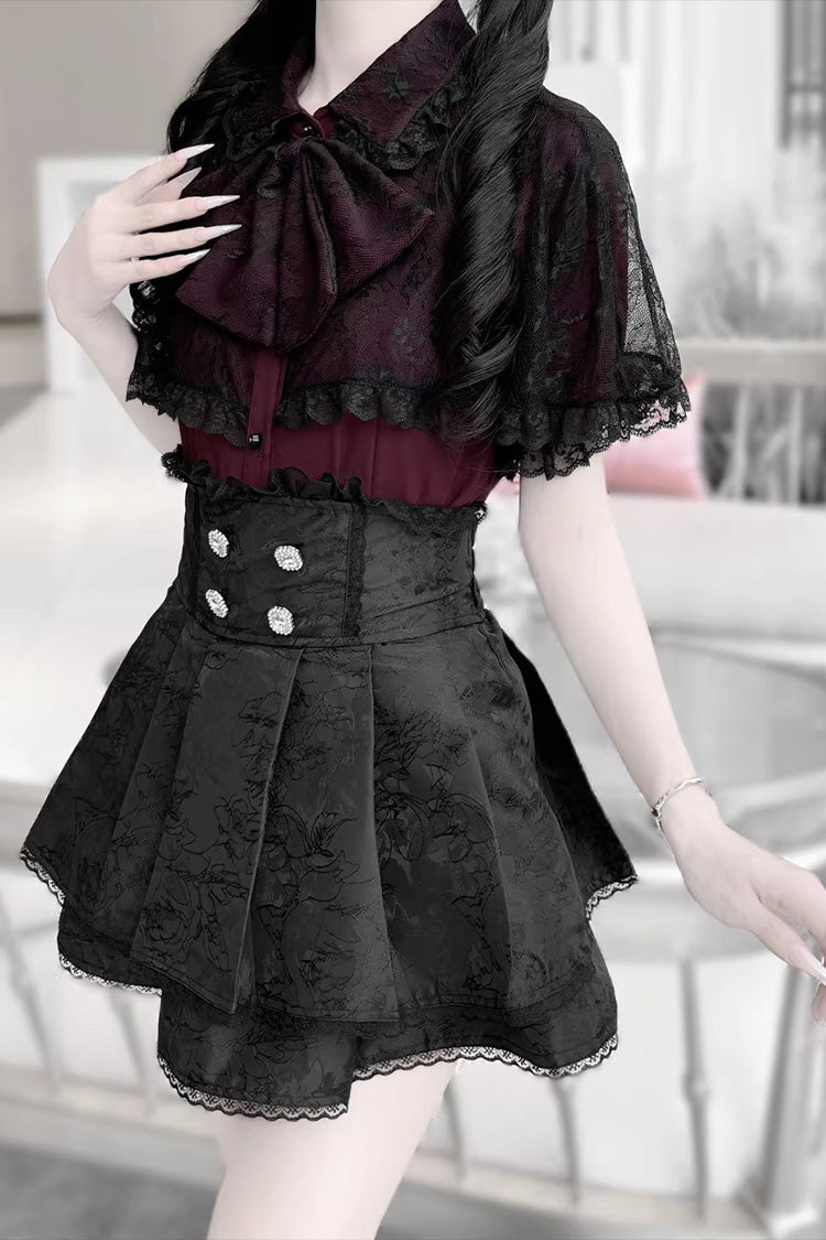 Dark Moon Shadow Double Layered Ruffled Embroidered Lace Up Gothic Lolita Set