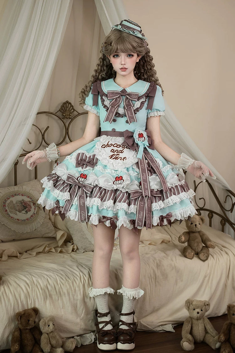 Cherry Mille-Feuille Lapel Collar Short Sleeve Printed Lace Sweet Dress