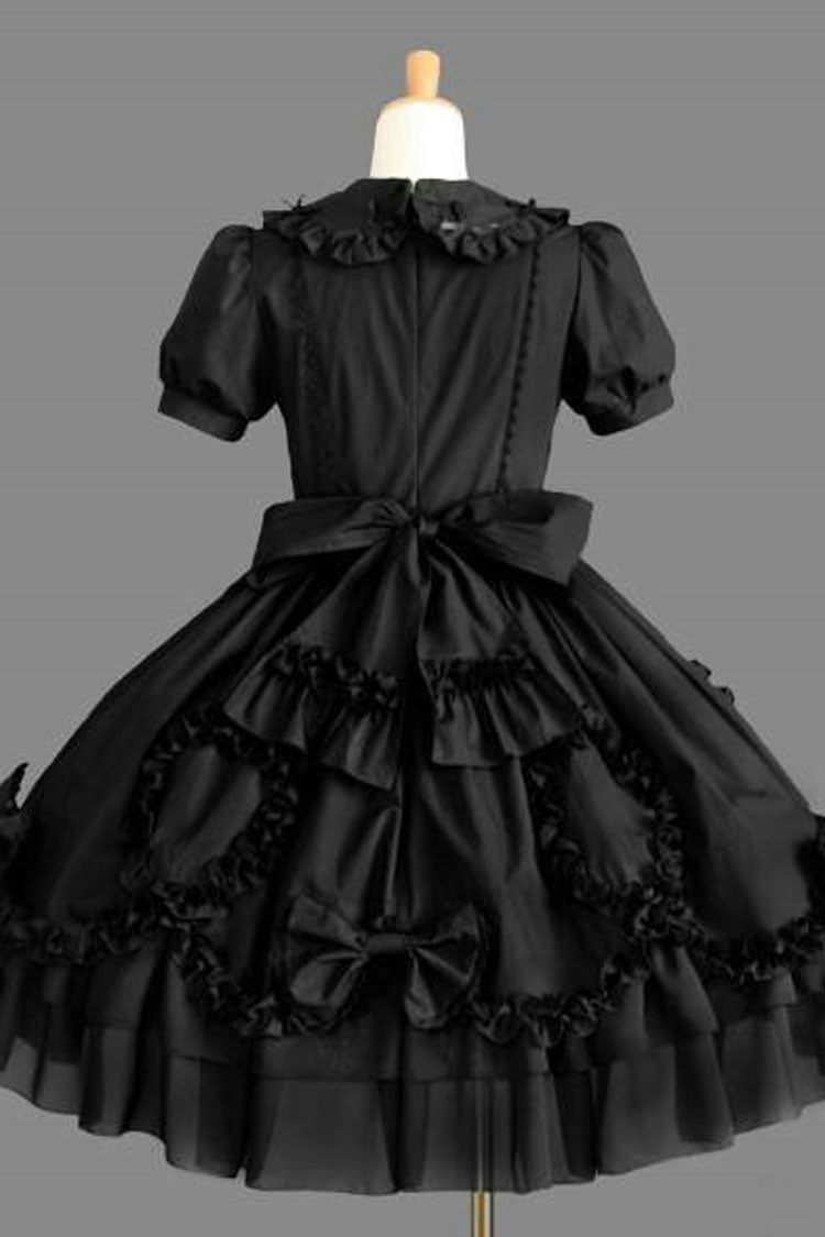 Black Cotton Gothic Lolita Dress Lapel Collar Short Sleeves Ruffled - Altfashion Shop