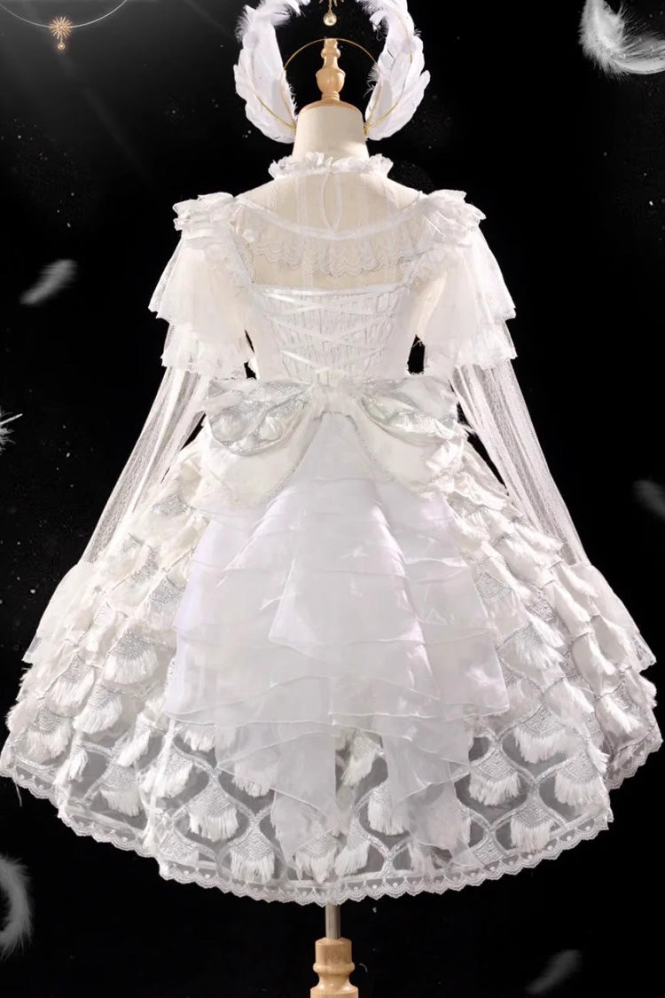 Ivory Peacock Feather Multi-Ruffle Bridal Cardigan Bow Lace Lolita JSK Set
