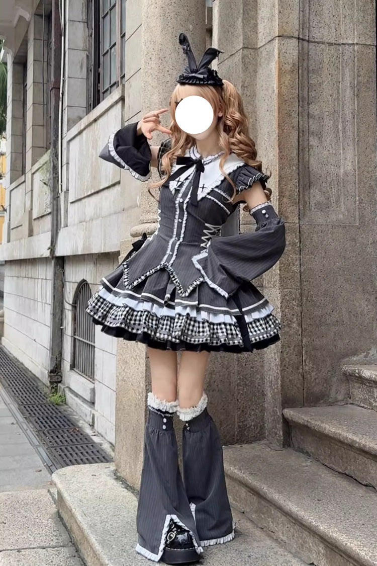 Detachable Hime Sleeve Printed Ruffled Bow Lace-Up Gothic Lolita Set