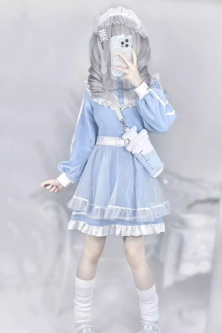 Blue Cross Angel Ruffle Long Sleeve Jirai Kei Dress