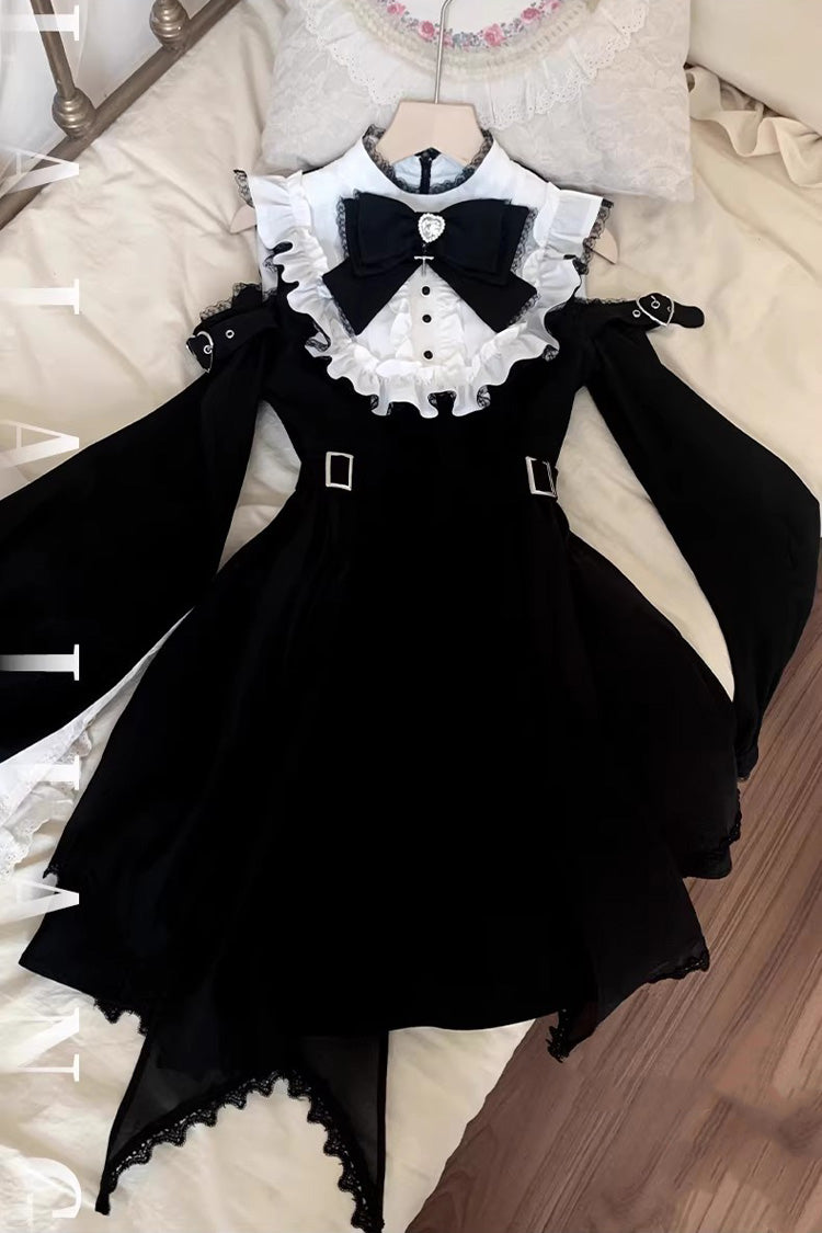 Monochrome Gothic Off-Shoulder Ruffle Bow Lace Jirai Kei Dress