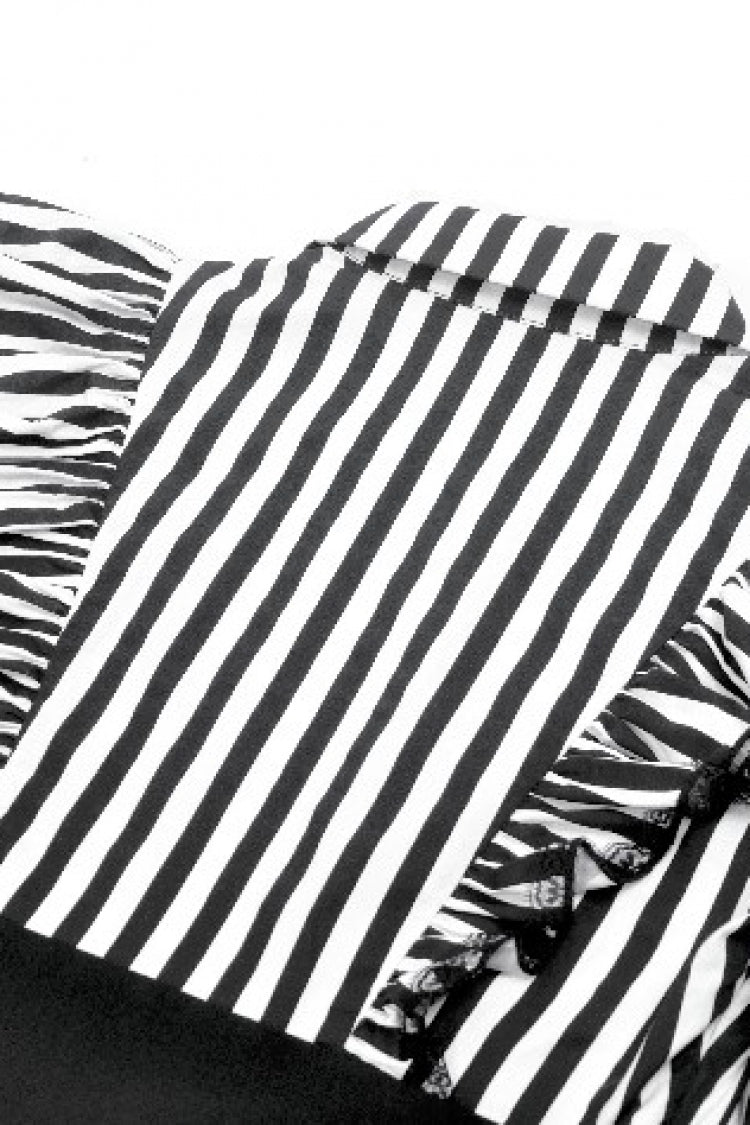 Striped Lapel Collar Long Sleeves Moon Lace Bow Ruffled Pleated Gothic Dress