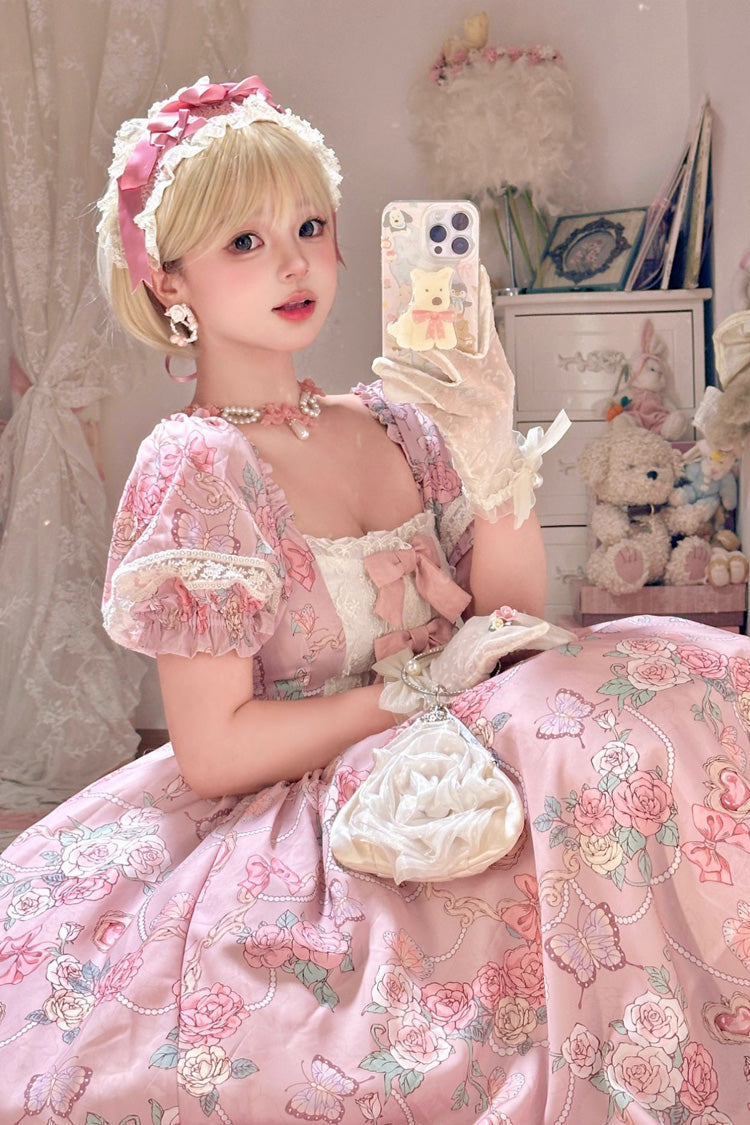 Pink Rose Print Puff-Sleeve Ruffle Bow Plus-Size Lolita Dress