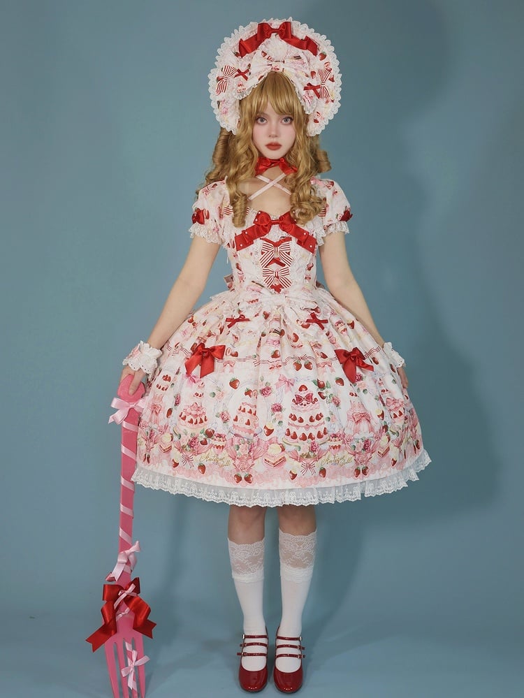 Print Set Dress Full Lolita Bow / Sweet Accents Cake Strawberry White