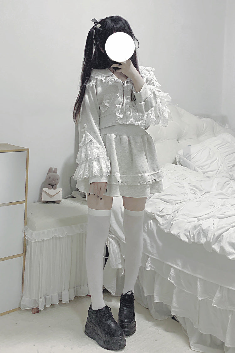 Grey Heartbeat Rhythm Lace-Trimmed Hooded Skirt and Top Set