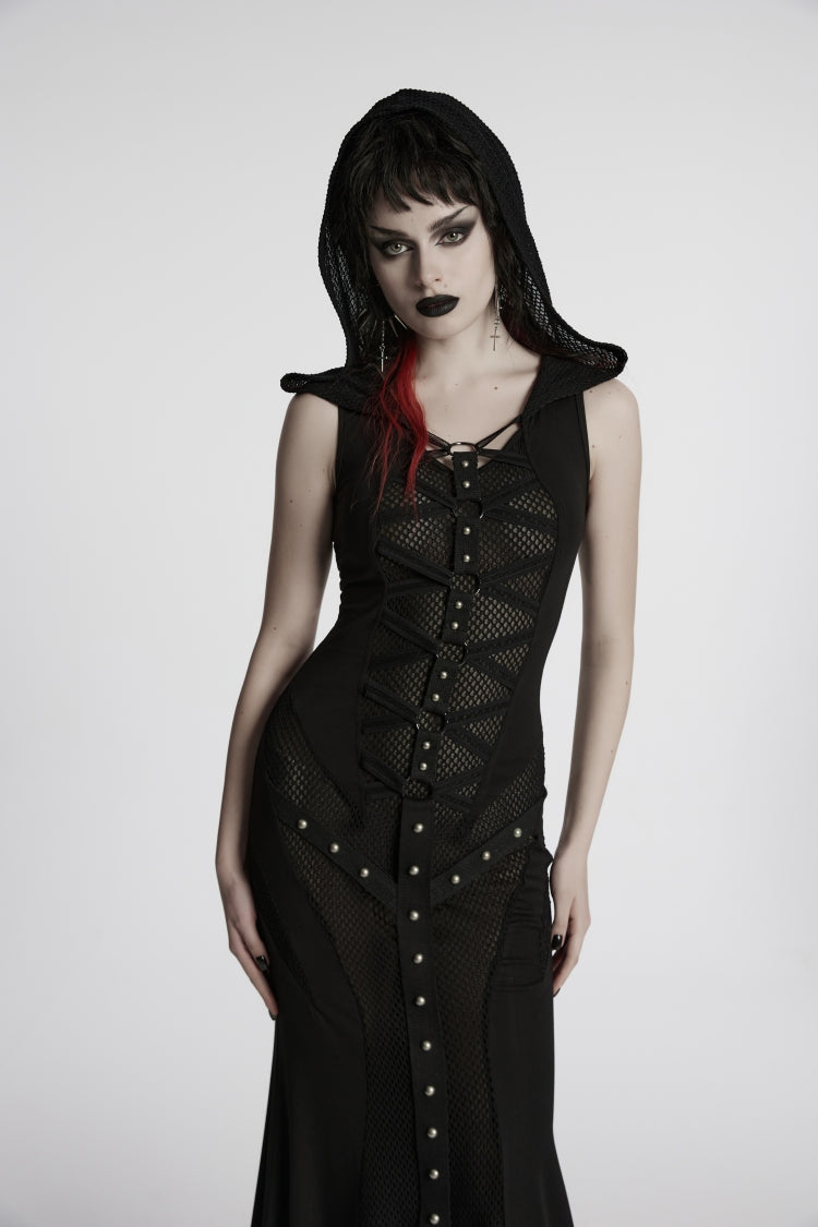 Off Shoulder Sleeveless Spliced Lace-Up Slim Mesh Studded Eyelet Punk Dress