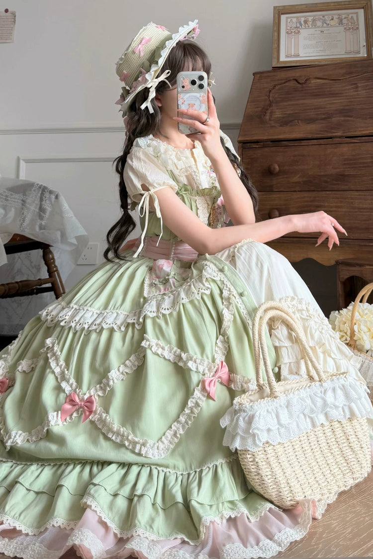 Sweet Lolita JSK Dress with Ruffled Open-Front Bow - Green