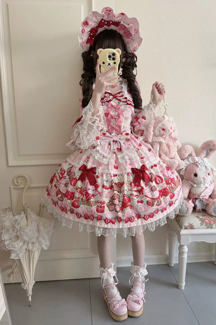 Red/Pink Sweet Lolita OP Dress Half Sleeves Bow Lace Lace-Up - Sweet Berry Bunny Bear