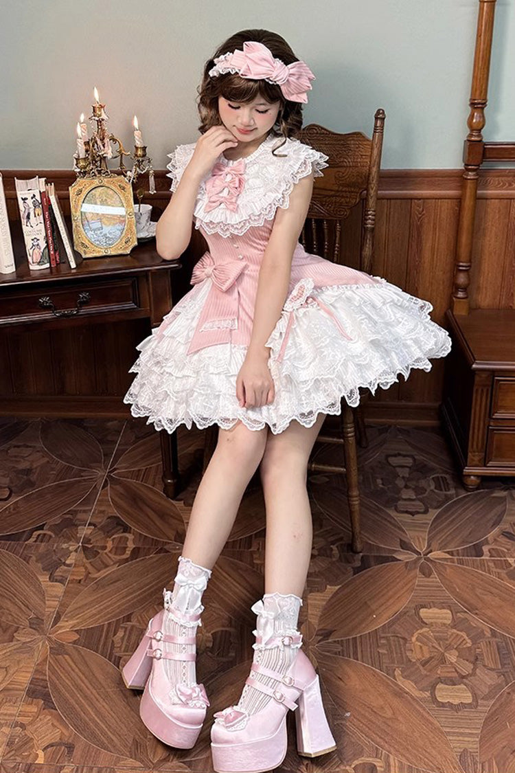 Pink Asymmetric Lace Bow Sleeveless Multi-Layer Ruffle Sweet Lolita Dress - Miss Tsundere