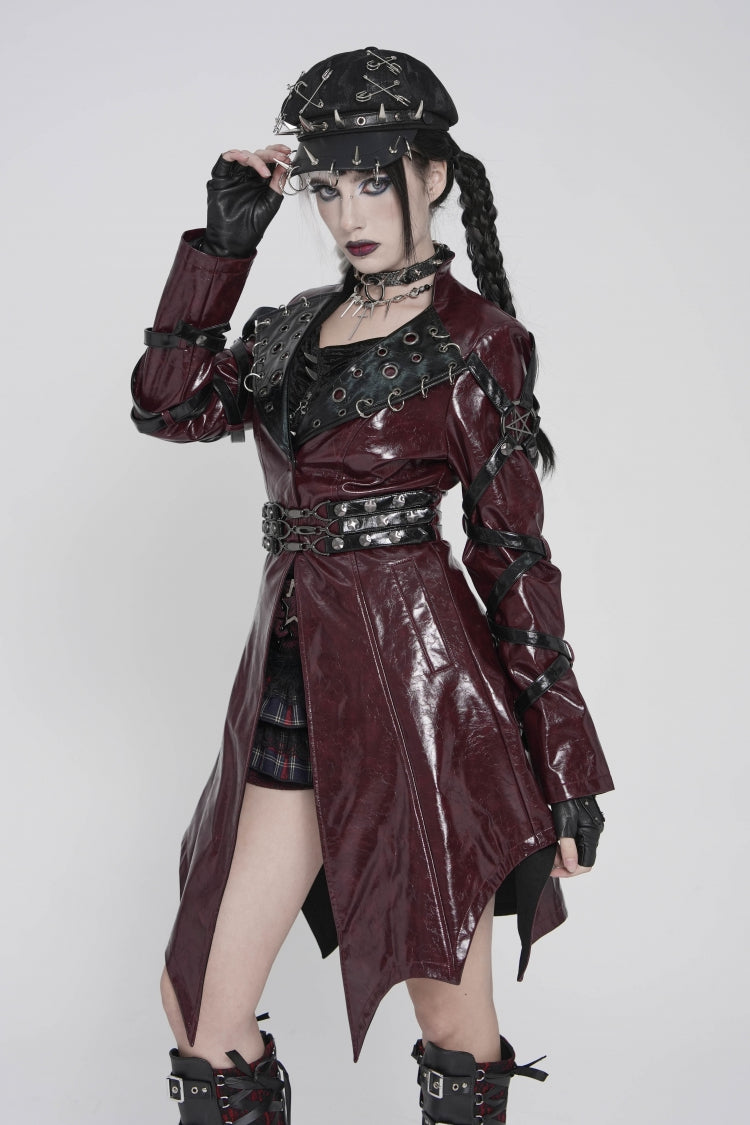 Crimson Lapel Lace-Up Irregular Eyelets Punk Coat