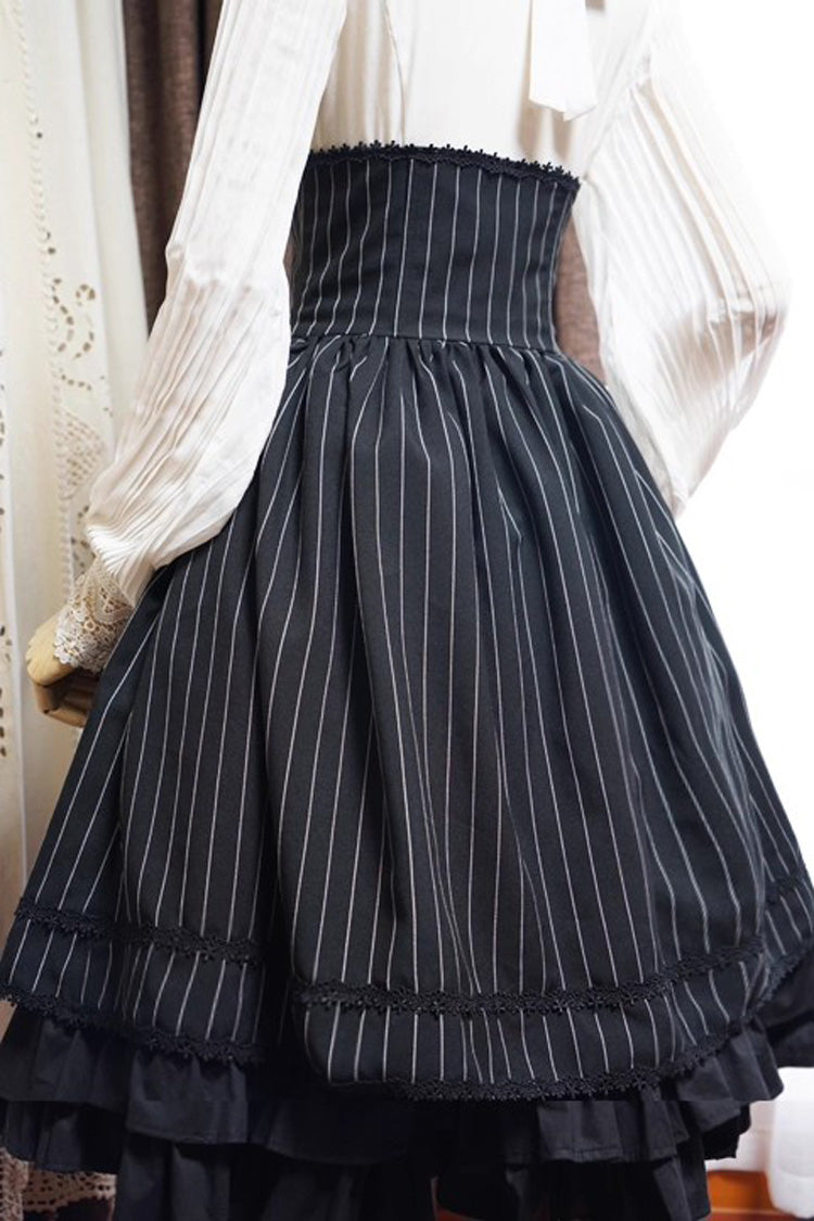 College Style Elegant Lolita Skirt with Ruffled Stripes, Black